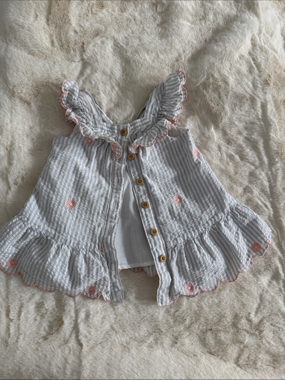Striped Ruffle Button-Front Dress with Pink Embroidery